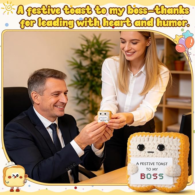 Gifts for Boss “A Festive Toast to My Boss” Handmade Crochet Toast Plush, Funny Thank You Appreciation Gift for Women Men Boss, Coworker, Manager, Supervisor, Leader – Office Christmas Decor Gift