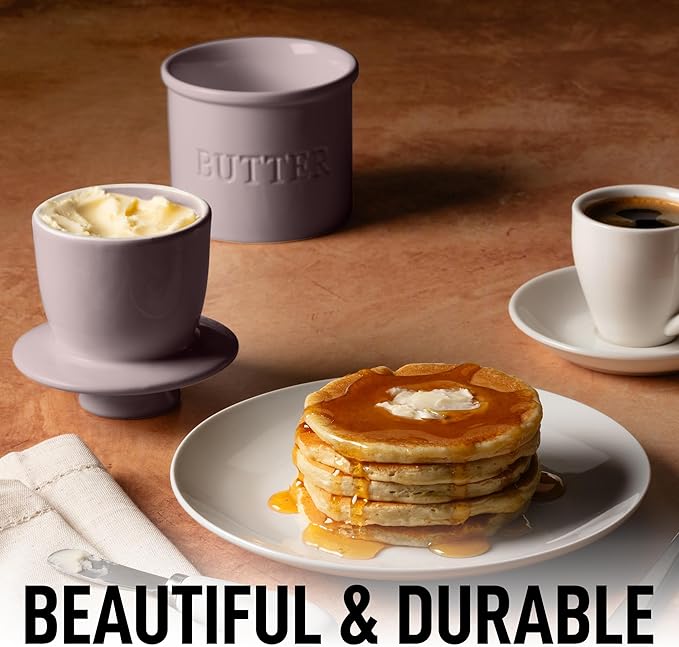 Zulay Kitchen Bell Shaped Butter Crock with Lid for Countertop with Water Line & Spreader Knife, Ceramic French Butter Dish Keeper For Fresh, Soft & Spreadable Butter - Violet Dusk
