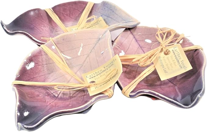 Earthen Vessels Pottery, Handmade Tea Bag Holder, Teaspoon Rest, Hydrangea Leaf, Set of 3 in Old-Fashioned Lilac