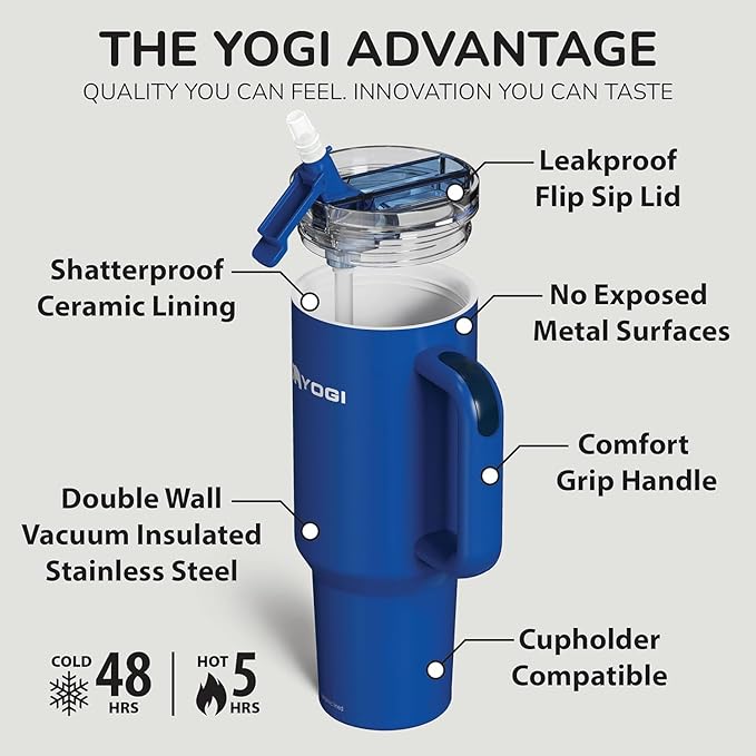 YOGI Ceramic Lined Metal Allergy Safe 40oz Tumbler with Handle and Straw Leakproof Flip & Sip Lid Vacuum Insulated Stainless Steel Travel Cup for Iced Coffee Water and All-Day Hydration 40oz Indigo