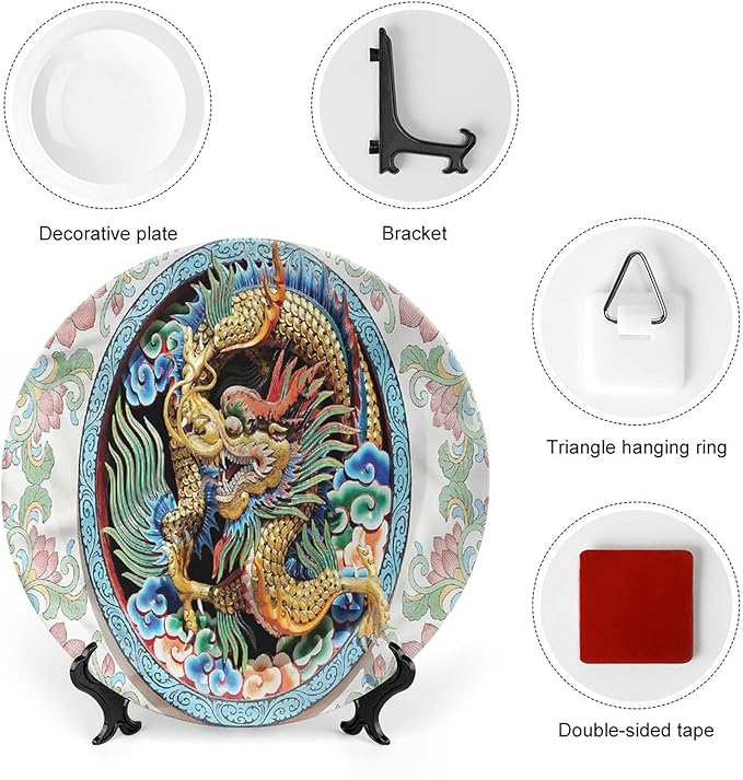 XISUNYA 8 Inch Decorative Plate, Dragon Tableware Plate, Ancient Chinese Animal Motif Print Ornament Display Plate Decor Accessory for Dining, Parties, Wedding