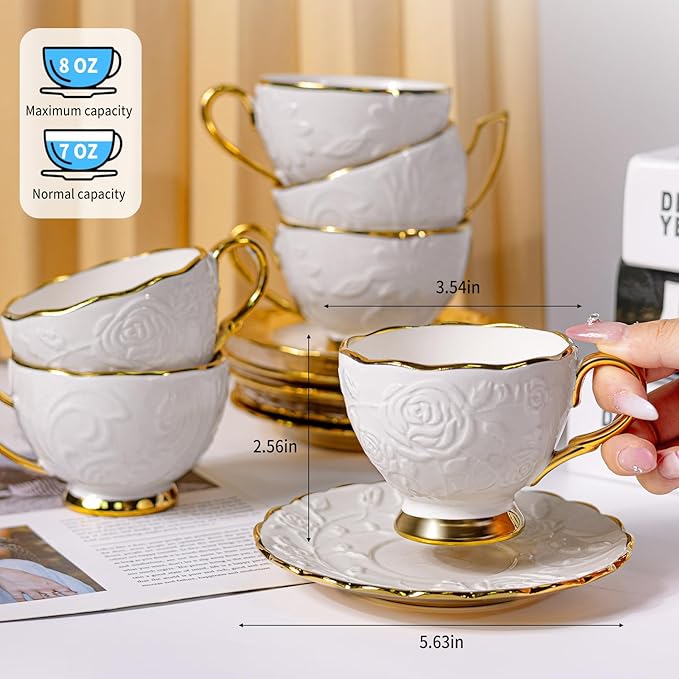 Cappuccino Cups with Saucers Set of 6, 7 OZ Ceramic Coffee Cup Set, Double Espresso Cups with Gold Trim Raised Floral Motif Tea Cup and Saucer Set for Latte, Cafe, Valentine's Day Gifts