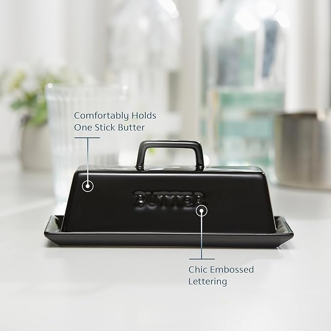 Butter Dish with Lid for Countertop, by Kook, Ceramic Dish Tray with Cover, Kitchen Keeper, Container, Holder (Black)