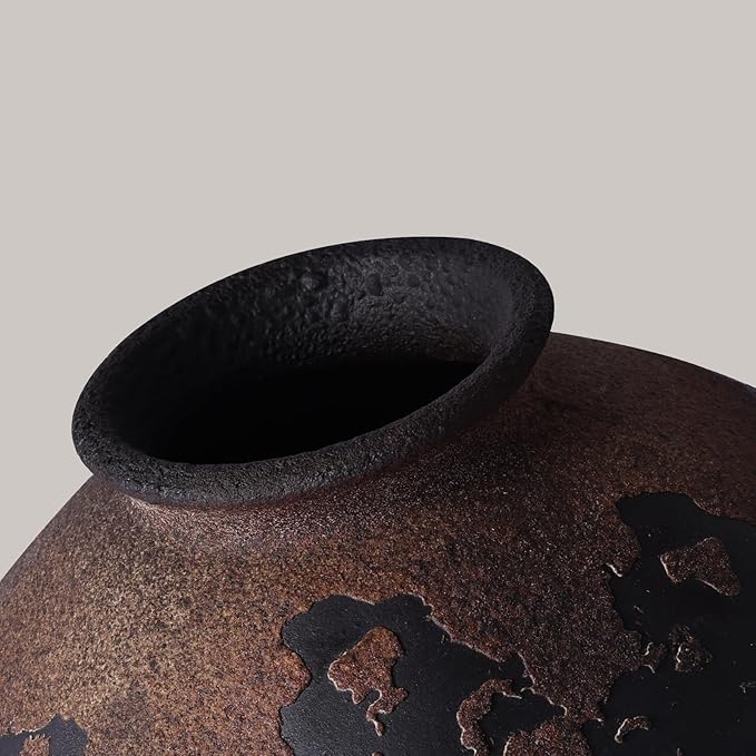 Wabi Sabi Ceramic Vase 6.7", Rustic Textured Pottery Vase, Organic Brown Black Farmhouse Vase with Wide Mouth, Watertight Flower Vase for Pampas Grass, Coffee Table & Shelf Decor