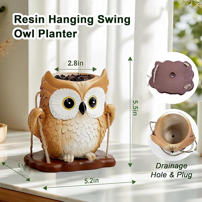 QCQHDU Swing Owl Hanging Pots with Drainage Hole, Small Resin Succulent Plant Planters, Cute Indoor/Outdoor Decor for Balcony Garden Patio, Women Gift Idea, Khaki