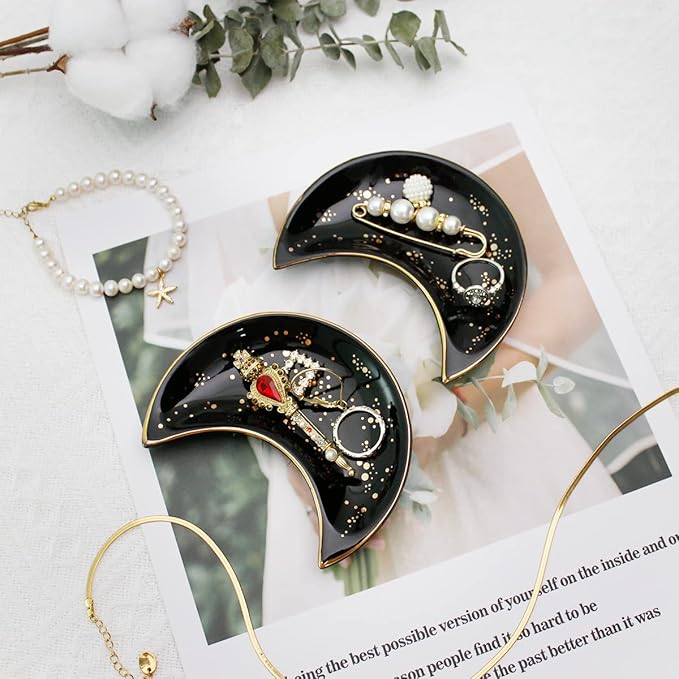Soddeph Small Moon Ceramic Jewelry Tray, Decorative Trinket Dish, Ring Holder Plate, Modern Accent Tray for Bathroom, Nightstand, Entryway Table, Vanity (2, Black)