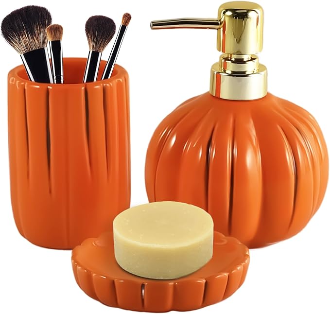Pumpkin Bathroom Accessories Set, Orange Bathroom Fall Decor, 3PC Ceramic Bathroom Sets Complete, Toothbrush Holders, Soap Dispenser, Soap Dish, Bathroom Organizer for Countertop