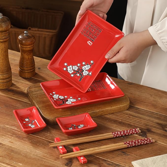 10 pcs Japanese Sushi Plate Sets Serving Platters and Trays for Entertaining Sushi Dishes Set Plates Sushi Plates Traditional Cuisine Dinnerware Sets with Chopsticks Red Plum