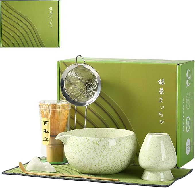Matcha Whisk Set, Ceramic Matcha Bowl with Spout, Bamboo Whisk, Scoop, Holder, Sifter, Tea Towel, 7-Piece Artisan Wave Matcha Kit Set for Making Breakfast/Latte, Round Green, Large