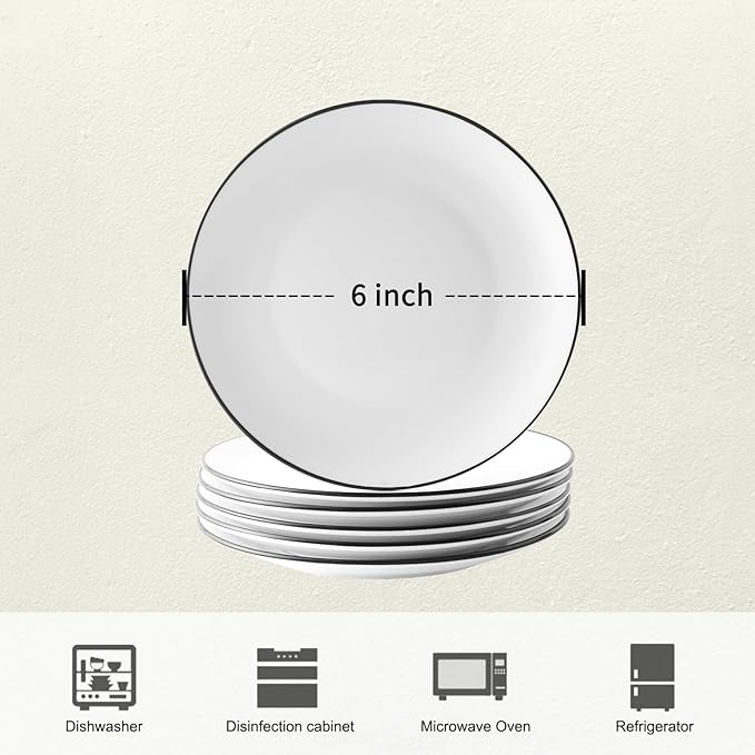 YOLIFE 6 inch Small Ceramic Plates, Appetizer Plates Set of 6, Dessert Plate for Cake Pie Snack with Black Trim