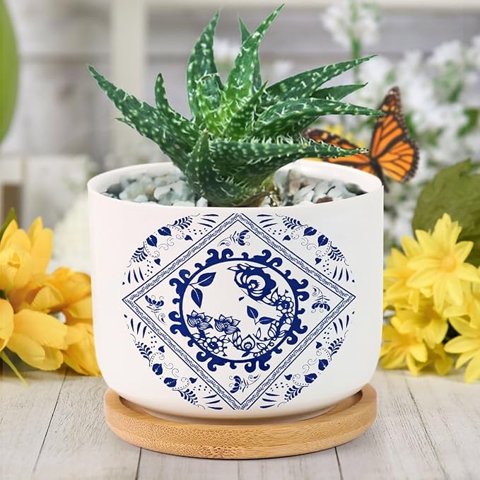 Chinese Style Blue And White Porcelain Print Ceramic Pots for Plants with Drainage Holes Round Flower Pot Bamboo Tray Orchid Pot Succulents Pots for Outdoor Indoor Plants,Housewarming Gifts