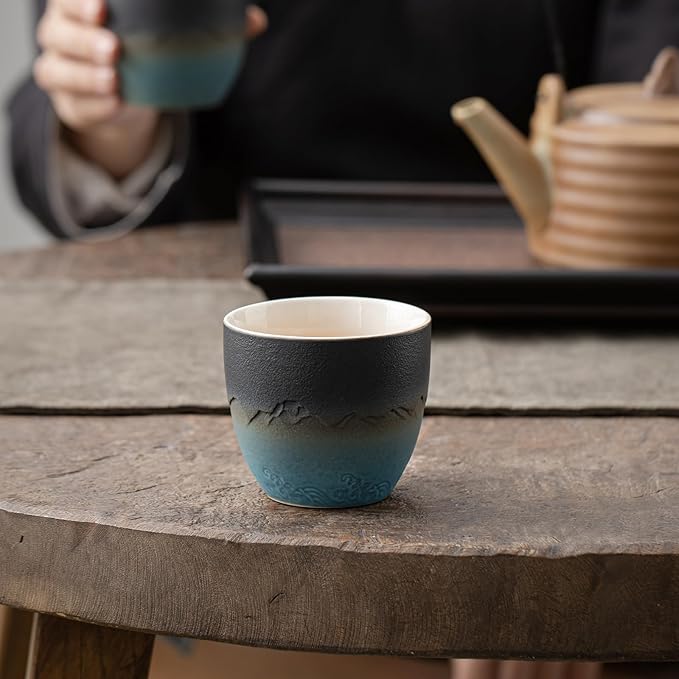 TEANAGOO Ceramic Japanese Tea Cups Set of 4pcs, 5.4oz/160ml Elegant Ceramic Matcha Cups with Flat Base, Gradient Navy Blue Handleless Coffee Mugs, Microwave & Dishwasher Safe, Beautiful Gift Box