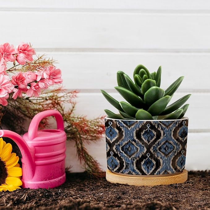 DreamAutumn Indigo Ikat Abstract Blue Ceramic Pots for Plants with Drainage Holes Round Flower Pot Bamboo Tray Orchid Pot Succulents Pots for Outdoor Indoor Plants,Housewarming Gifts