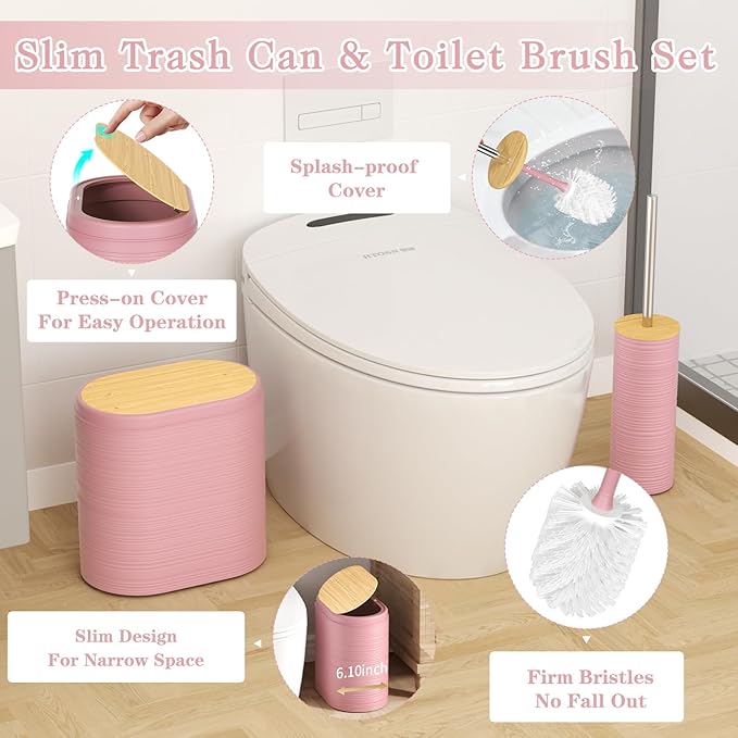 Pink Bathroom Set - 10PC Bathroom Accessories Set, Luxury Bathroom Accessory Set with Trash Can,Toilet Brush & 2 PC Soap Dispensers for Apartment Decor and Housewarming