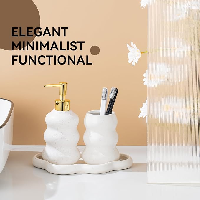 3-Piece Ceramic Bathroom Accessories Set with Sand Point Glaze Design - Tray, Lotion Dispenser, and Tumbler - Bring Nature to Your Bath