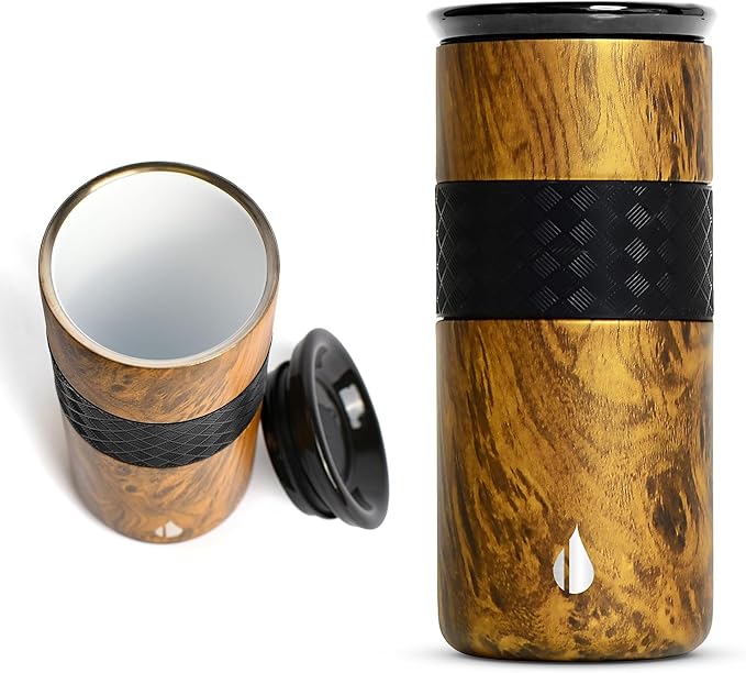 Elemental Artisan Inner Ceramic Coating Tumbler, Triple Wall Coffee Travel Mug, Reusable Stainless Steel Coffee Tumbler with Ceramic Lid for Hot (6 Hrs) & Cold (18 Hrs), 16oz - Teakwood