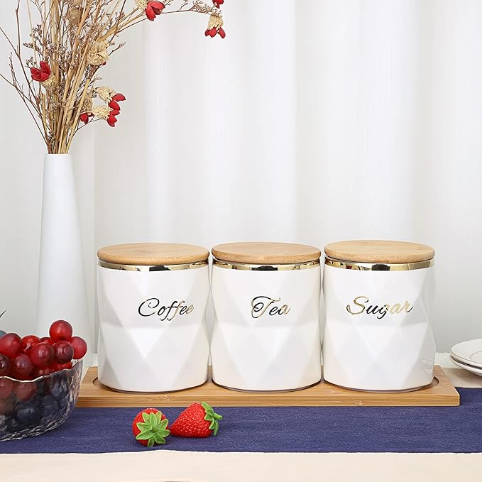 JUXYES Set of 3 Ceramic Canisters Set for Sugar Coffee Tea, Luxurious Storage Containers Set with Lids Decorative Storage Pots White Ceramic Storage Jar for Kitchen Counter Dining Room