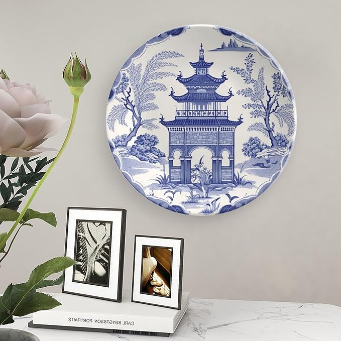 Chinoiserie Blue Asian Pagoda Plates Ceramic of 6", 7", 9", 10", Custom Ceramic Dinner Plates, Farmhouse Table Decorations Display, with Display Stand And Hook Up