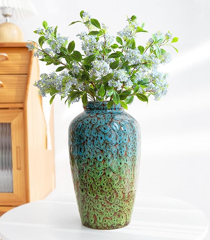 Unique Ceramic Flower Vase, Modern Home Decor for Living Room, Tables, Shelves & Enterways,11Inch Tall Blue Green Vase Gift for Housewarming, Wedding, Birthday