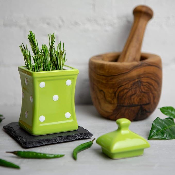 City to Cottage Handmade Small 5.3oz/150ml Ceramic Kitchen Herb, Spice, Storage Jar with Lid, Pottery Canister, Housewarming Gift (Green Polka Dot)