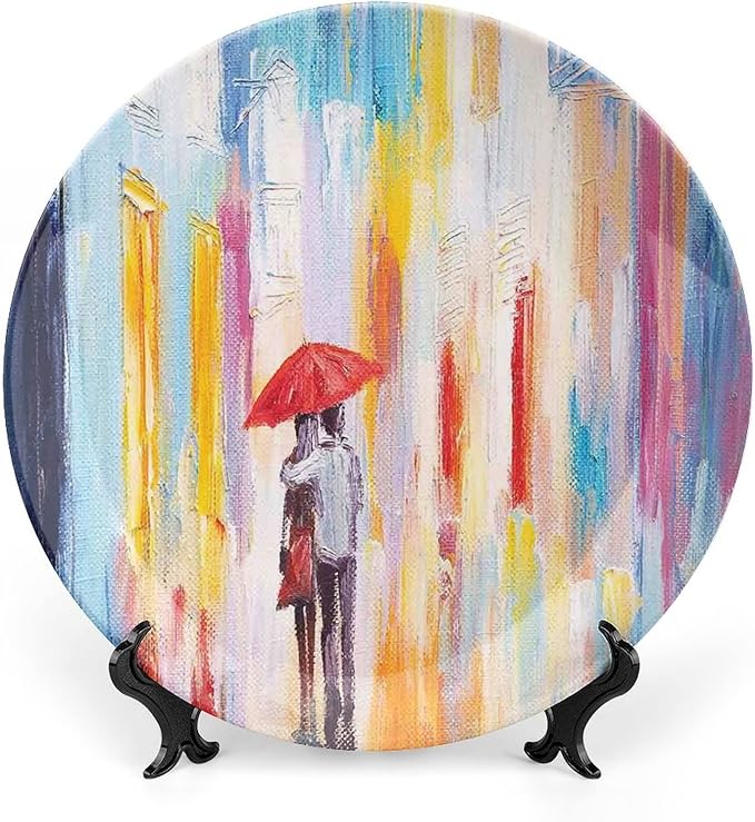 XISUNYA 6 Inch Decorative Plate,Love Decor Ceramic Stoneware, Love Couple in Street Rainy Day Romance Print Ceramic Wall Hanging Decor Accessory for Dining Table Tabletop Home Decor