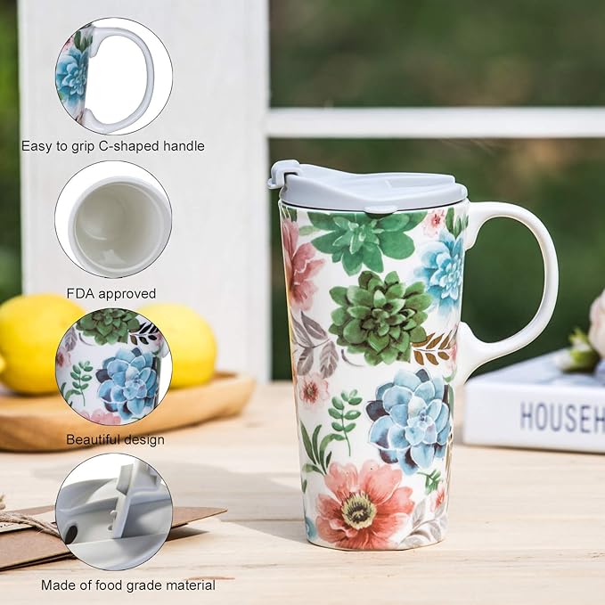 Topadorn Ceramic Travel Mug Coffee Cup with Gift Box and Lid, Microwave & Dishwasher Safe, 17oz Large Unique Coffee Mug for Latte & Hot Chocolate, Holiday Gift Her Him