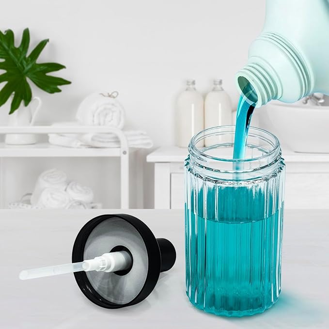 2 PCS Glass Soap Dispenser Set for Bathroom & Kitchen Sink Refillable Liquid Soap Bottle with Squeeze Pump for Hand Dish Soap, Shower Gel, Shampoo and Conditioner-425ML