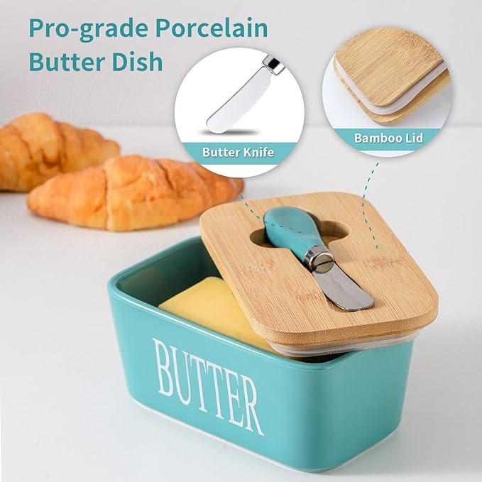 Hasense Porcelain Butter Dish with Lid for Countertop, Large Ceramic Butter Dish with Knife, Airtight Butter Keeper Container with Cover Perfect for East West Coast Butter, Turquoise