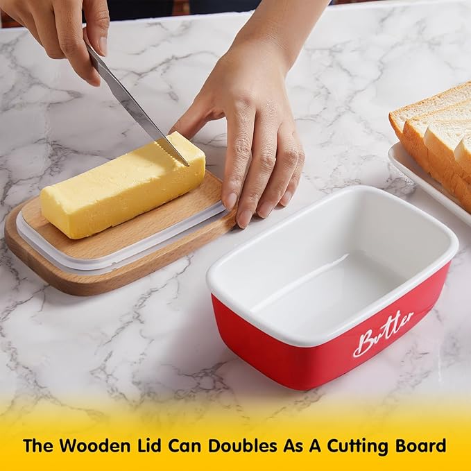 ALELION Red Butter Dish with Lid for Countertop, Ceramic Butter Container with Beech Wood Lid, Airtight Butter Keeper for Counter or Fridge, for Red Kitchen Decor and Accessories