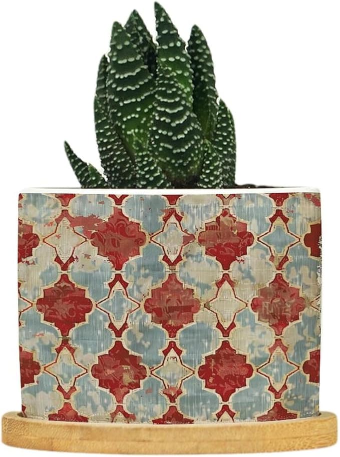 DreamAutumn Geometric Kilim Moroccan Ikat Ceramic Pots with Drainage Holes - Round Flowerpots with Bamboo Tray for Succulents and Snake Plants