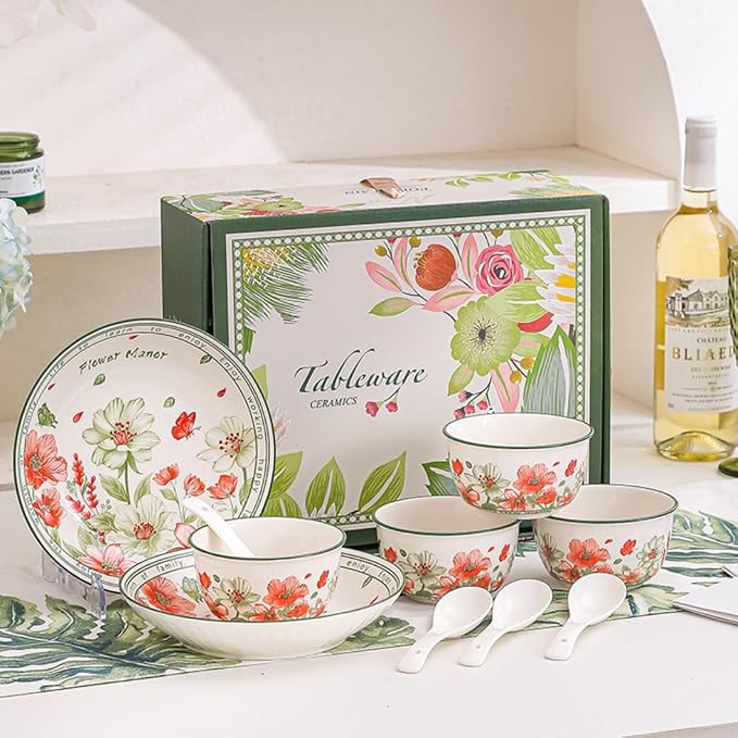 Premium Ceramic Dinnerware Set – Floral Bowls & Plates Set, Elegant Hand-Painted Design, Microwave Safe, Ideal for Wedding/Housewarming/Corporate Gifts (Blossoms, 4*bowls+spoons+plates)