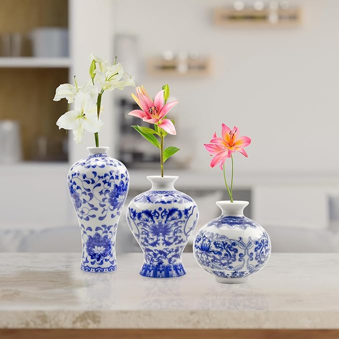 AuldHome Blue and White Porcelain Vases Set of 3, Mini Decorative Bud Vases for Farmhouse, Cottagecore, and Vintage Decor