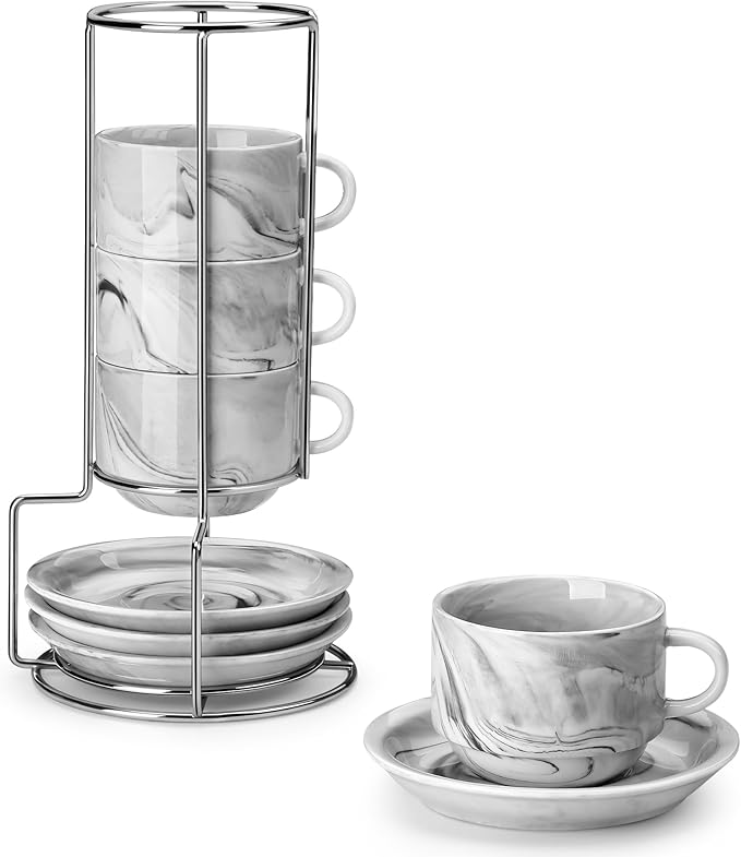 MALACASA 8 OZ Porcelain Espresso Cups with Saucers and Metal Stand Set of 4, Stackable Cappuccino Cups, Marble Gray Expresso Shots Cup Set for Coffee Drinks, Latte, Tea