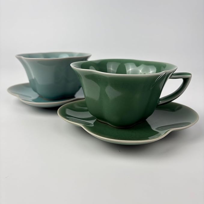 Ceramic Lotus Flower Cup and Saucer Set, Glazed Finish, Tea Cup with Matching Saucer, Green and Teal (Sage green glaze)