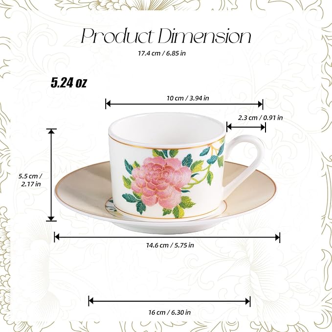KAMMAK Tea Cups and Saucers Set of 2, Fine Bone China Coffee Cups, Stackable Espresso Mugs, Ceramic Demitasse for Coffee, Cappuccino, Latte, Americano, Tea, Embroidered Peony