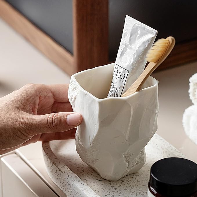 2 Pack Hand-Sculpted Stone-Look Ceramic Toothbrush Holder, Matte White Tumbler for Bathroom Countertop, Natural Pen Holder or Makeup Brush Organizer