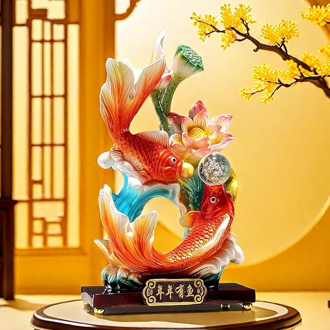 Large 13 Inch Chinese Feng Shui Fish Statue Sculpture Frgurine Good Lucky Gift for FengShui Lover Desktop Display Decorative Decoration