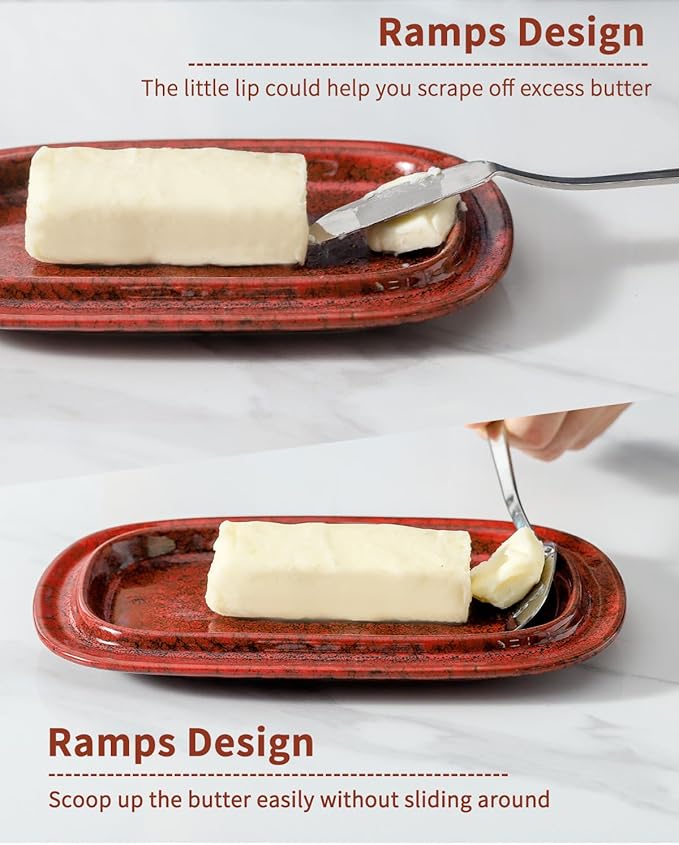 Hasense Butter Dish with Lid for Countertop and Refrigerator, Ceramic Butter Holder Container with Handle Cover, Porcelain Butter Tray Perfect for East West Coast Butter Stick, Dishwasher Safe, Red