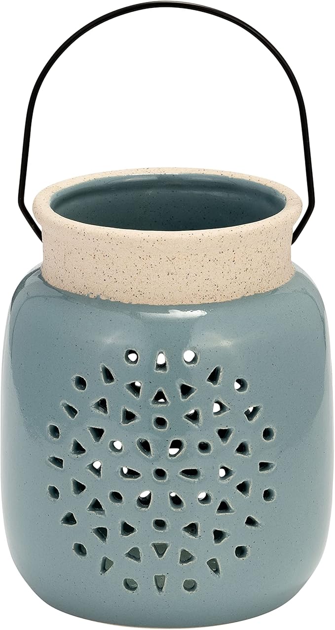 Sagebrook Home Ceramic Hurricane Lantern with Cutout Design - Stoneware Decorative Candle Holder for Home, Office & Living Room - Rustic Garden Accent - 6" Blue
