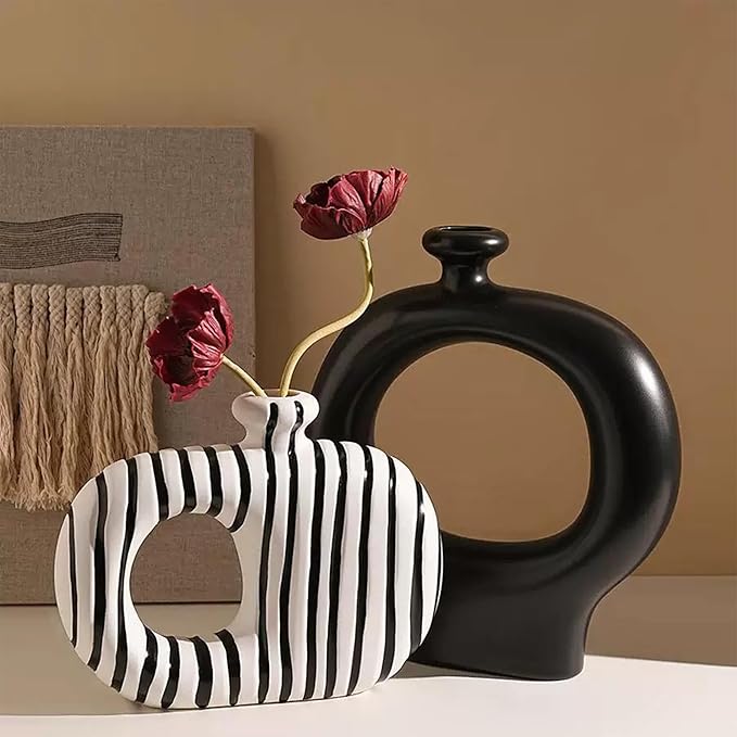 Linxia Minimalist Line Flower Vase and Art Sculpture 2-Piece Set, Black and White Line, Ornament for Table Centerpieces Aesthetic for Home Office