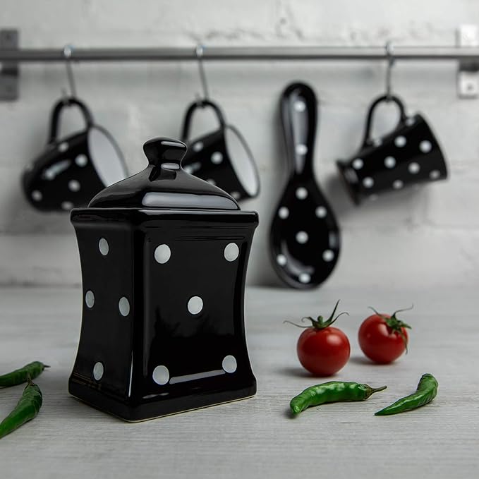 City to Cottage Handmade Small 5.3oz/150ml Ceramic Kitchen Herb, Spice, Storage Jar with Lid, Pottery Canister, Housewarming Gift (Black and White Polka Dot)