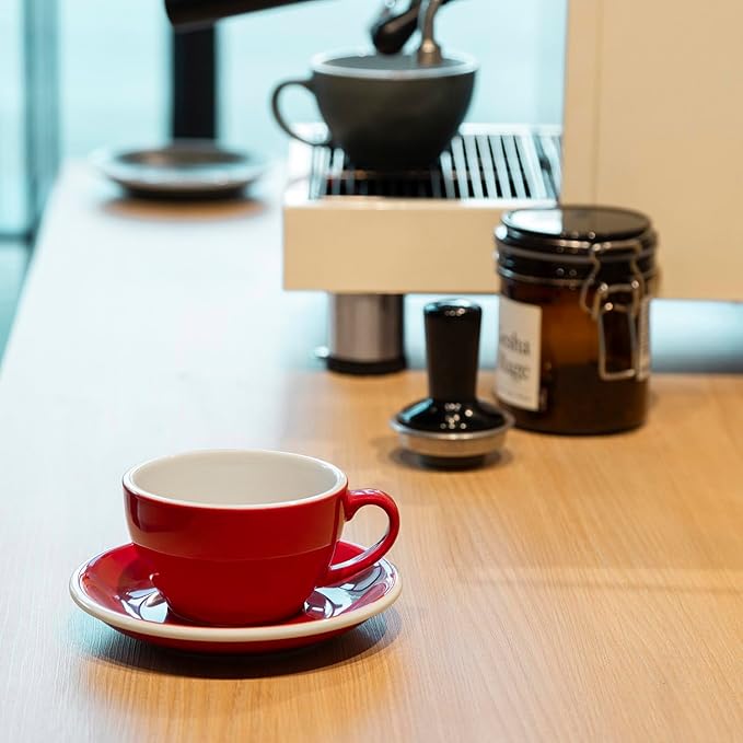 Loveramics Cappuccino Cup with Saucer, 8 oz Ceramic Coffee cup with Round Bottom for Cappuccino, Latte, Tea, Espresso, Thick-walled Stoneware Cup Set for Barista - Regular Colours (Red, 8OZ)
