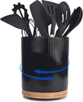 QUELIEN Utensil Holder, 360° Rotating Ceramic Kitchen Utensil Holder for Countertop, 7.7" Utensil Crock for Kitchen Counter with Rotatable Wooden Base,Ideal Housewarming Gift & Mothers Day Gift