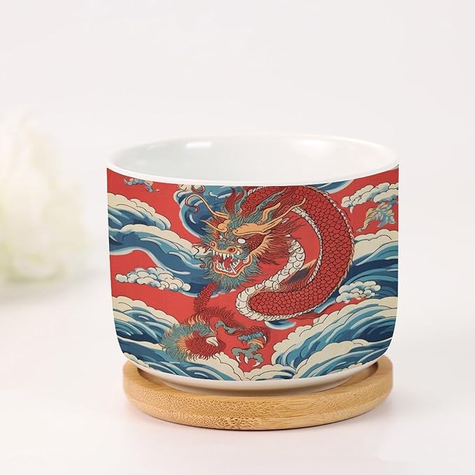 Red and Auqa Dragon Small Ceramics Pots for Plants Set of 5 Chinoiserie Dragon Ceramics Planter with Drainage Holes Chinoiserie Succulents Plant Pot Birthday Gift