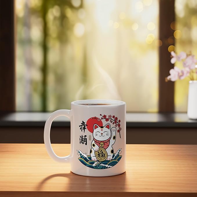 Cat Japanese Lucky Maneki Cat, Lucky Cat With & Bloss Ceramic Mug, White