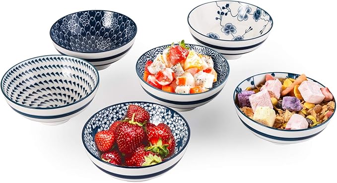 Foraineam 6 Pieces Blue and White Floral Rice Bowl Set 8 oz Japanese Style Cereal Bowls, Assorted Designs