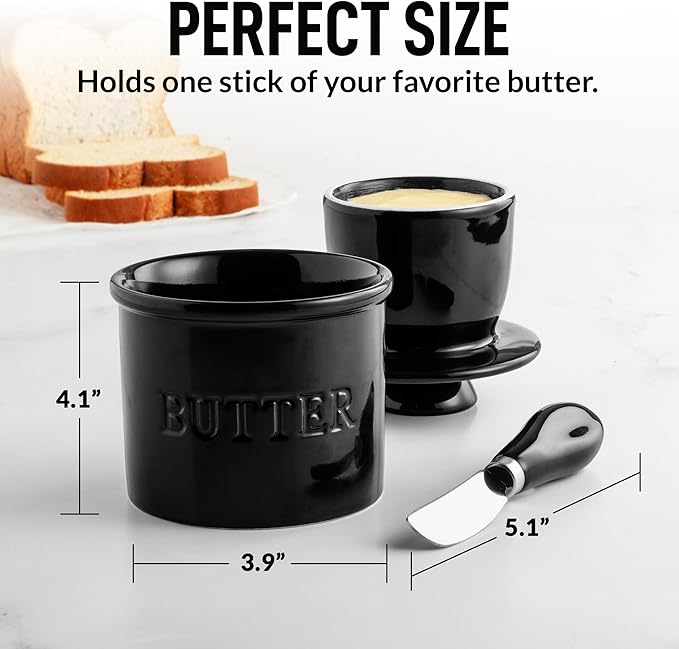 Zulay Kitchen Bell Shaped Butter Crock with Lid for Countertop with Water Line & Spreader Knife, Ceramic French Butter Dish Keeper For Fresh, Soft & Spreadable Butter - Black