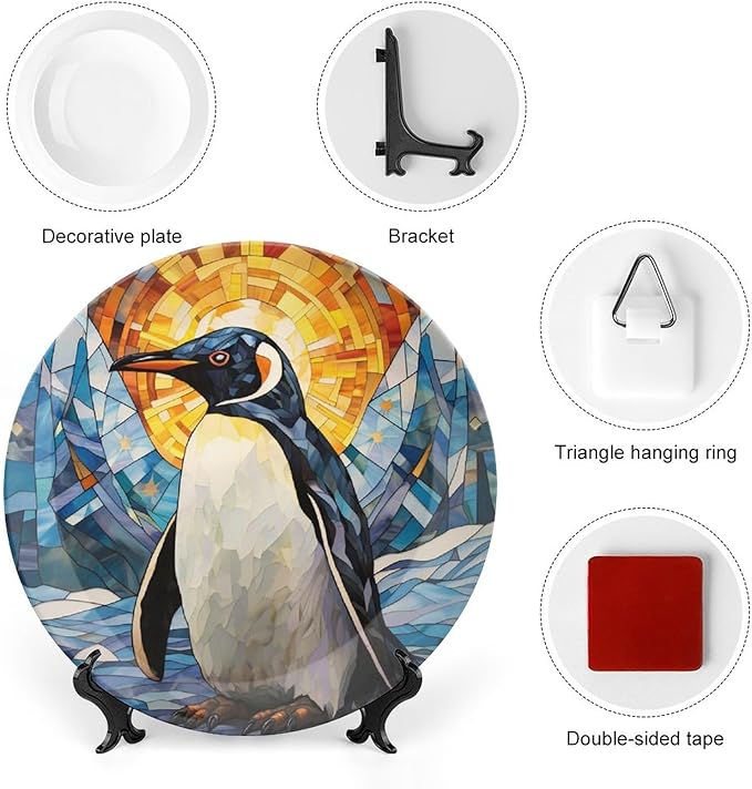 Decorative Plates for Wall Hanging, Lovely Penguin Watercolor Stained Glass Painting Ceramic Plate w/Display Stand, Home Decor for Kitchen Cabinets, Round Tray 6 Inch, Gift for Penguin Lovers