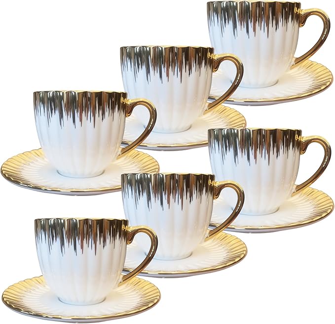 3.5oz Ceramic Turkish Coffee Cup Set of 6, British Italian Cappuccino Cups Porcelain Espresso Cups and Saucers with Gold Trim for Double Espresso Cappuccino Latte Mocha Tea