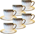 3.5oz Ceramic Turkish Coffee Cup Set of 6, British Italian Cappuccino Cups Porcelain Espresso Cups and Saucers with Gold Trim for Double Espresso Cappuccino Latte Mocha Tea